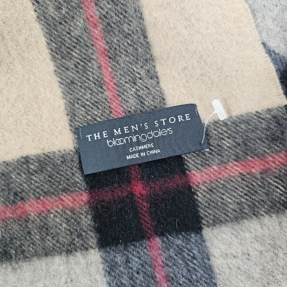 The Men's Store Bloomingdale's Plaid Cashmere Scarf Fringe Tan Black Gray Red